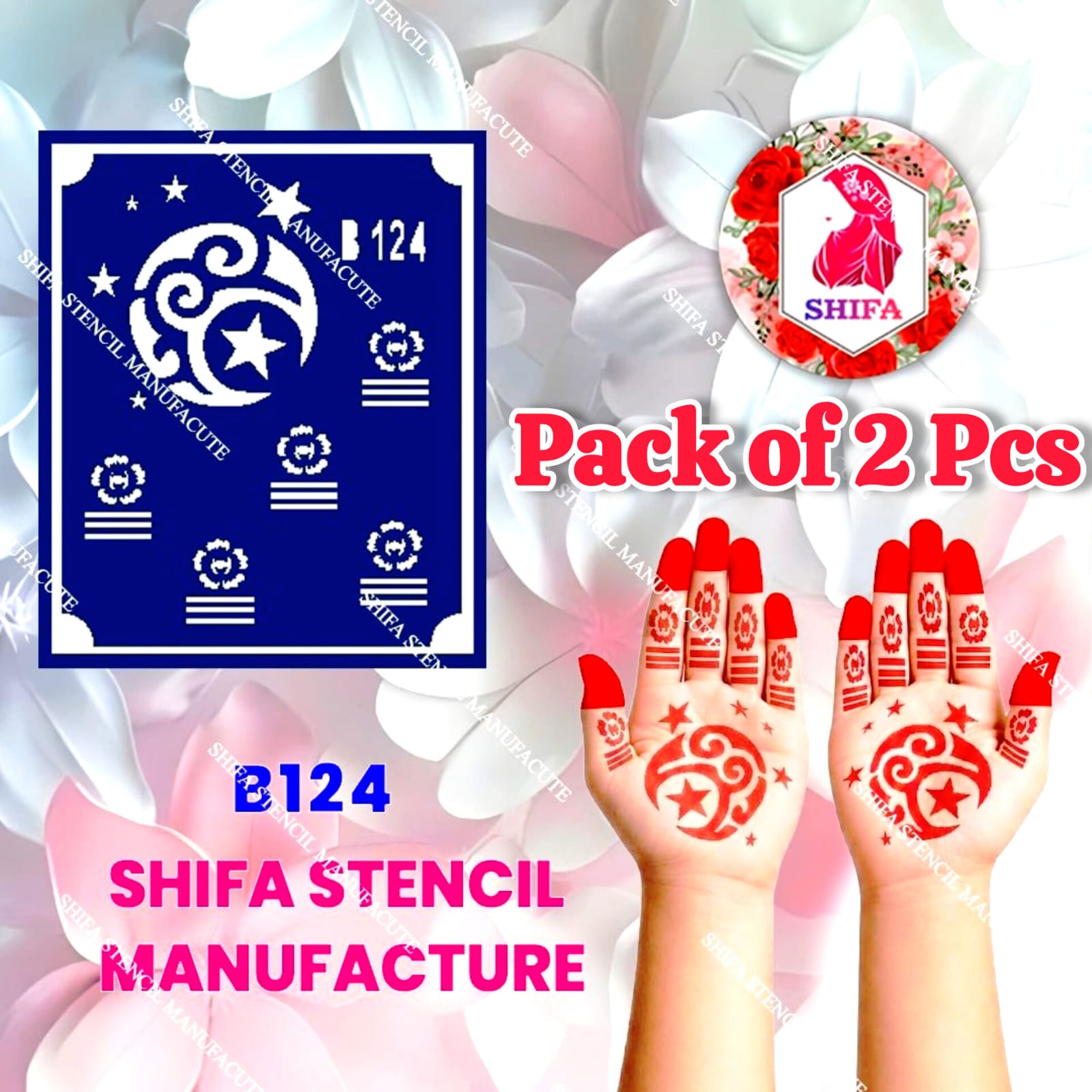 B124 (age 5 to 10) Starlit Crescent Charm Double Hand Henna Stencil - Shifa Stencil
